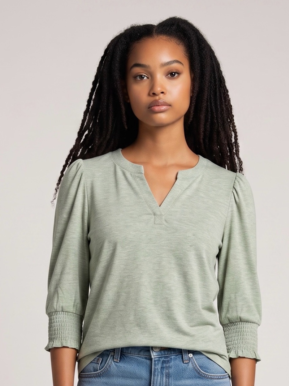 Automet - NWT - Women's Sage Green Puff-Sleeve Split-Neck Tunic